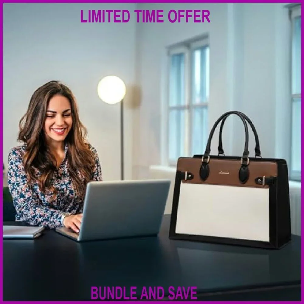 17 Inch Laptop Tote Bag, PU Leather Work Briefcase with Padded Compartment